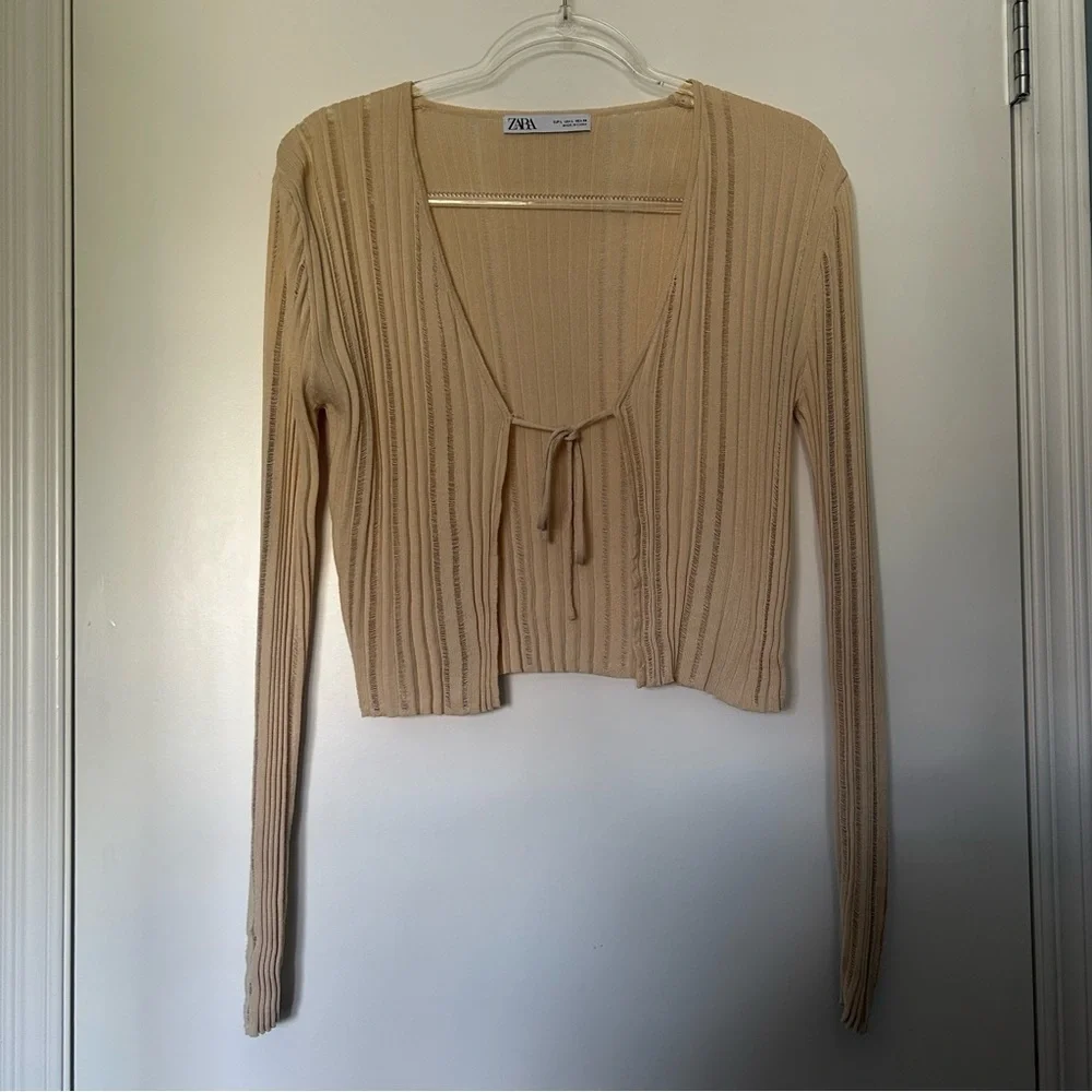 Zara Cream Stretch Loose Knit Tie Front Long Sleeve Cardigan Sweater - Picture 3 of 13